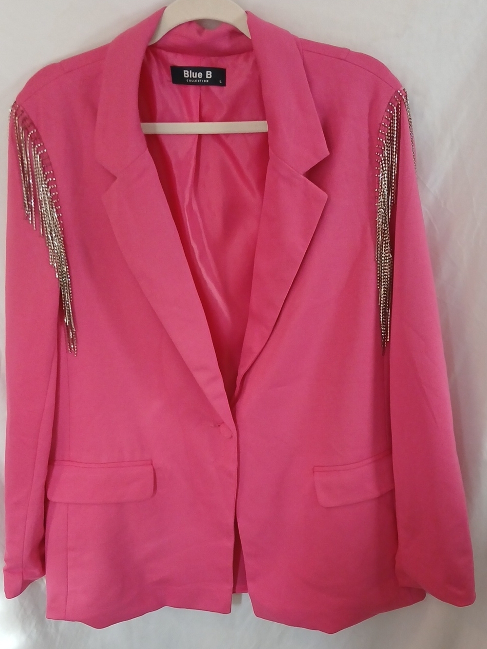 Blue B VERY FUN Pink RHINSTONE BLING Fringe-Shoulder Blazer